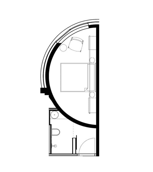 Floor plan of the Lütt Stuuv at John & Will Bremen – smartly designed 18 sqm hotel room in a half-circle silo layout