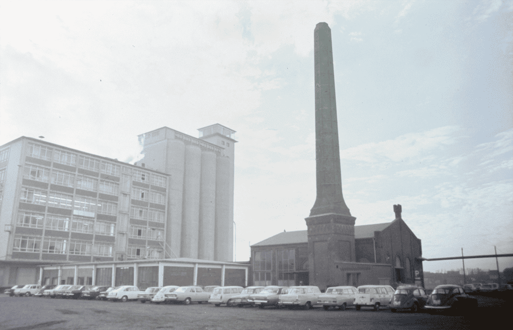Black-and-white image of the former grain silo before its transformation into the John & Will design hotel