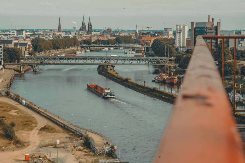 Panoramic river view from the John & Will hotel overlooking downtown Bremen