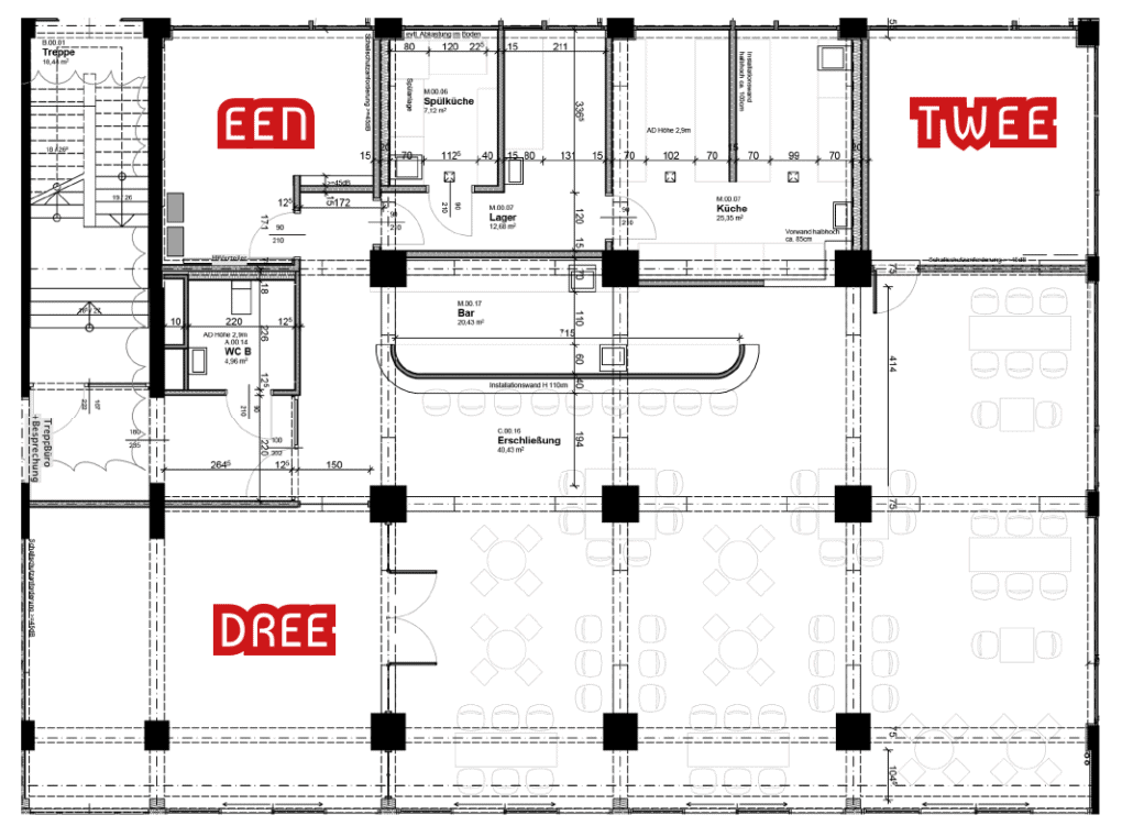 Floor plan of the meeting rooms Een, Twee and Dree on the ground floor of the John & Will Hotel Bremen – rentable spaces for meetings and events