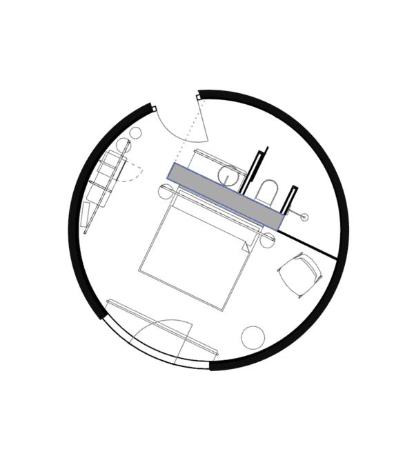 Grundriss der Grode Stuuv im John & Will Hotel Bremen – 24 m² großes Hotelzimmer im vollständigen Silokreis mit Design und Aussicht